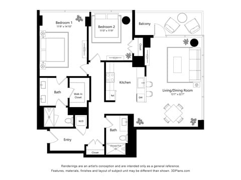Floor plan for 2 beds, 2 baths, 1251 sqft